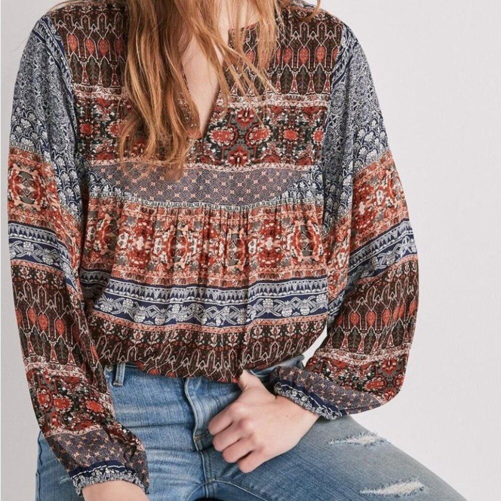 Lucky Brand Flowy Print Peasant Blouse Size Small Raglan Long Sleeve Boho
